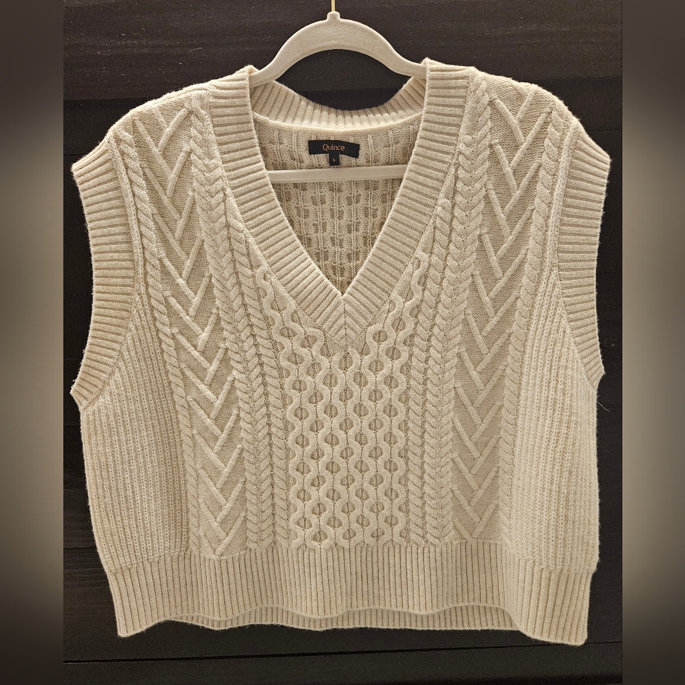 Quince Beige V-Neck Cable Knit Sweater Vest